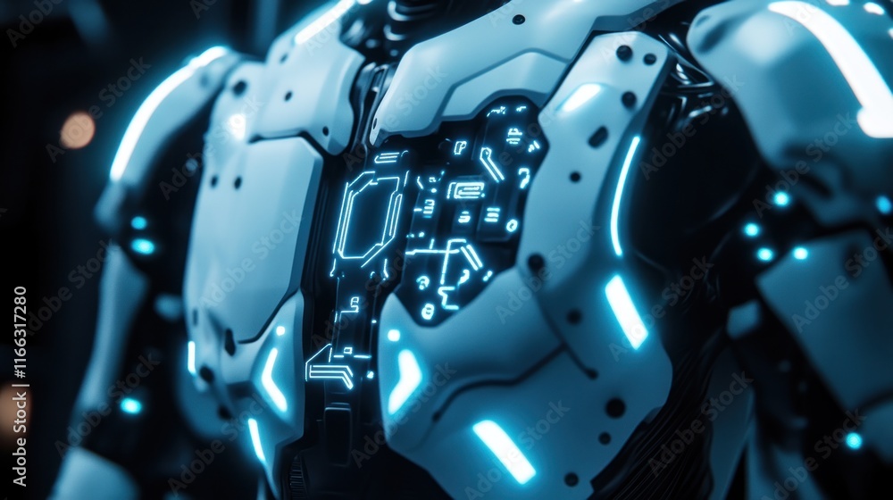 Fototapeta premium Futuristic robotic suit with glowing circuitry and advanced design.