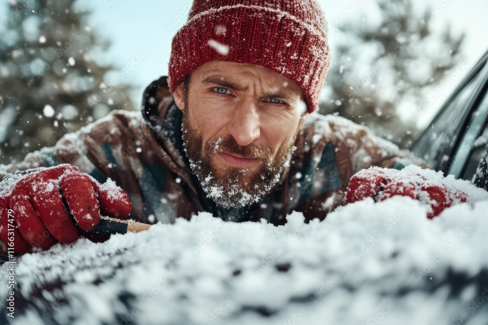 Man diligently clears snow from car during winter storm in a scenic outdoor environment Man diligently clears snow from car during winter storm in a scenic outdoor environment