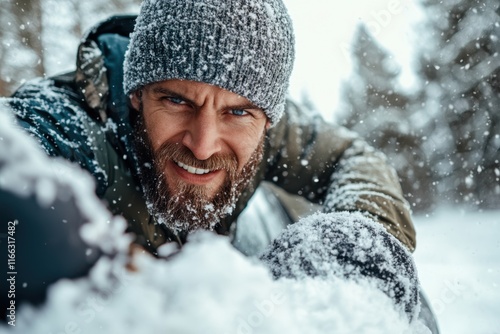 Adventurer braves the snow while building a snowman in a winter wonderland photo