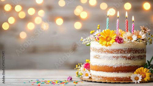 Fototapeta Naklejka Na Ścianę i Meble -  beautiful birthday cake with delicate flowers and colorful candles, perfect for celebrations. soft background adds warm, festive atmosphere