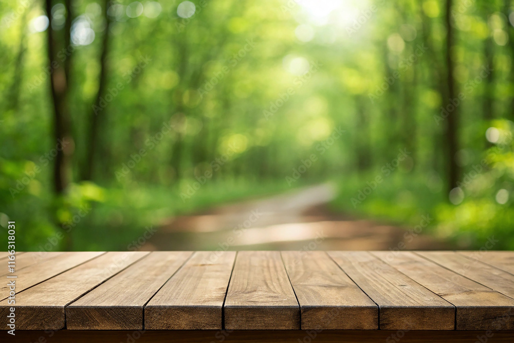 Wood table top on blurred green nature abstract background - can montage or display your products above Wood table top on blurred green nature abstract background - can montage or display your products above