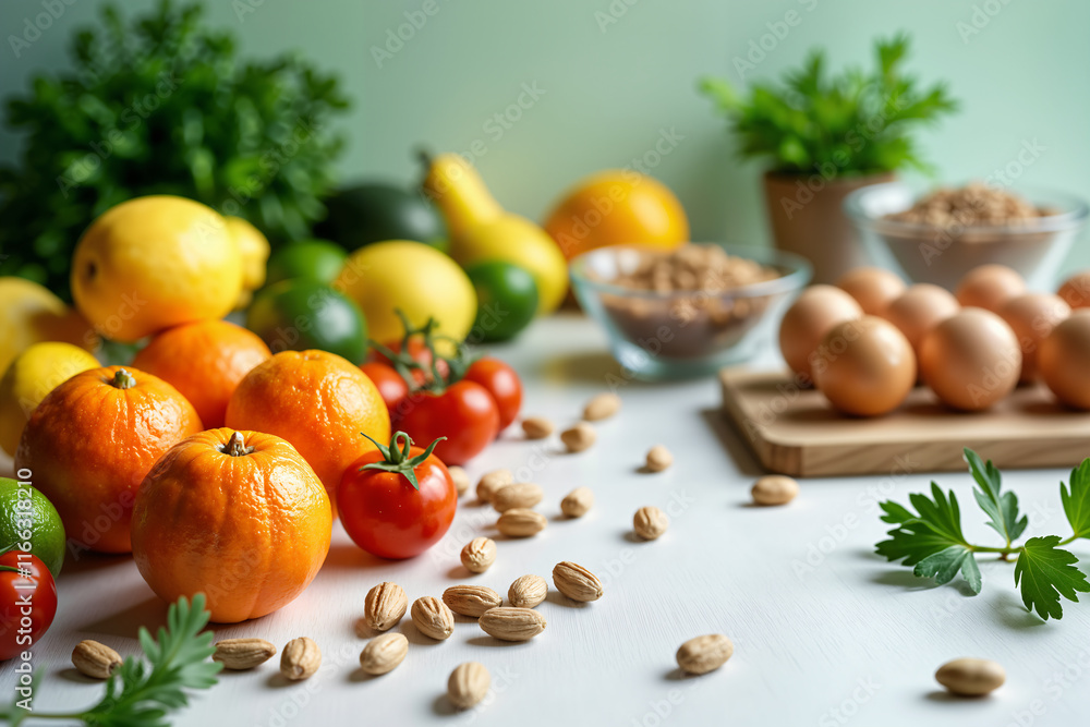 A vibrant assortment of fresh fruits, vegetables, nuts, and eggs is artfully arranged on a table, with greenery in the background. A vibrant assortment of fresh fruits, vegetables, nuts, and eggs is artfully arranged on a table, with greenery in the background.