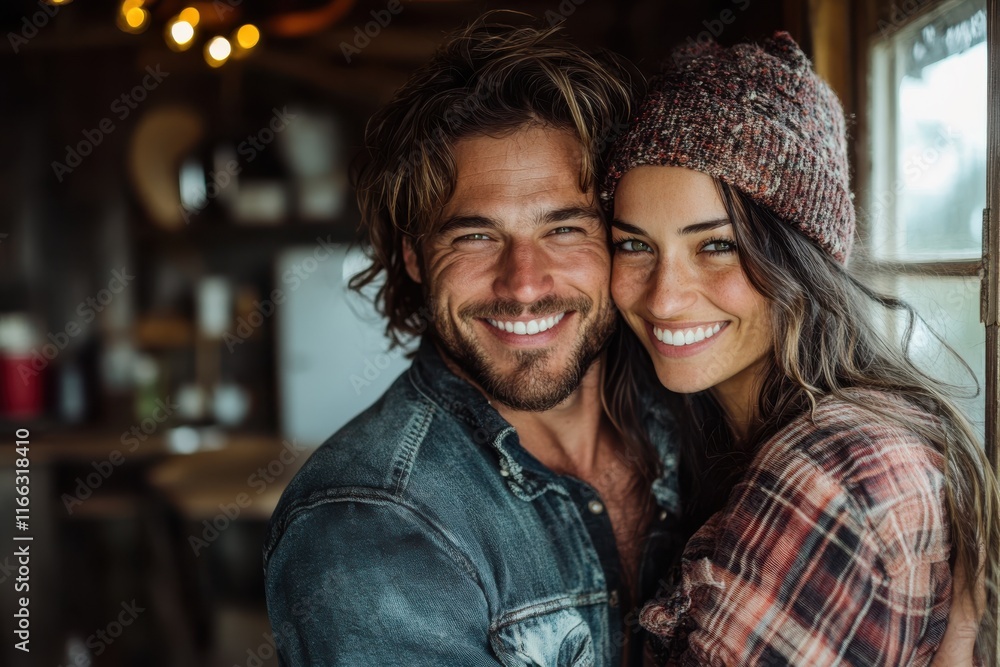 Couple enjoying a cozy moment together in a rustic cabin filled with warmth and love on a chilly evening Couple enjoying a cozy moment together in a rustic cabin filled with warmth and love on a chilly evening