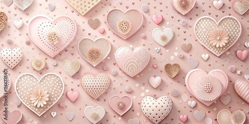 Romantic Blush Pink Hearts Design Featuring Intricate Details and Floral Accents