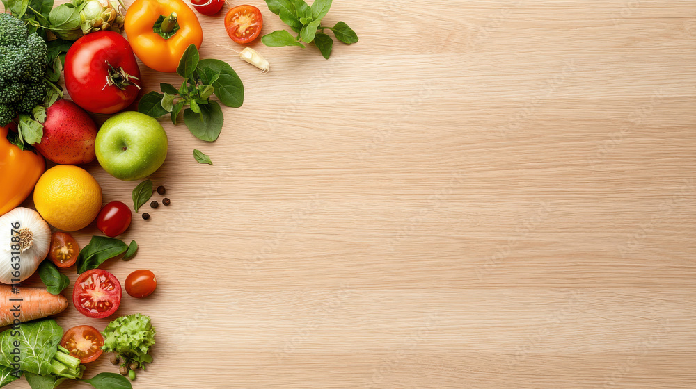 Fresh vegetables and fruits including tomatoes, peppers, and apples arranged on wooden surface, showcasing vibrant colors and healthy options for nutritious diet Fresh vegetables and fruits including tomatoes, peppers, and apples arranged on wooden surface, showcasing vibrant colors and healthy options for nutritious diet