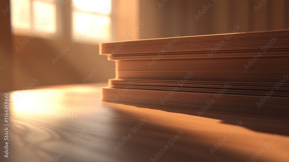 Fototapeta premium A close-up of stacked wooden boards illuminated by soft sunlight.