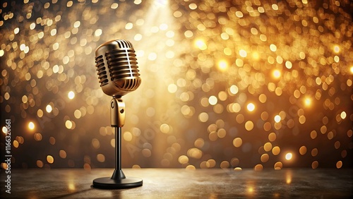 A golden vintage microphone on a dark stage with warm bokeh lights