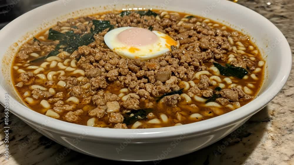 Delicious spicy noodle bowl topped with minced meat and a soft boiled egg served in a cozy kitchen setting Delicious spicy noodle bowl topped with minced meat and a soft boiled egg served in a cozy kitchen setting