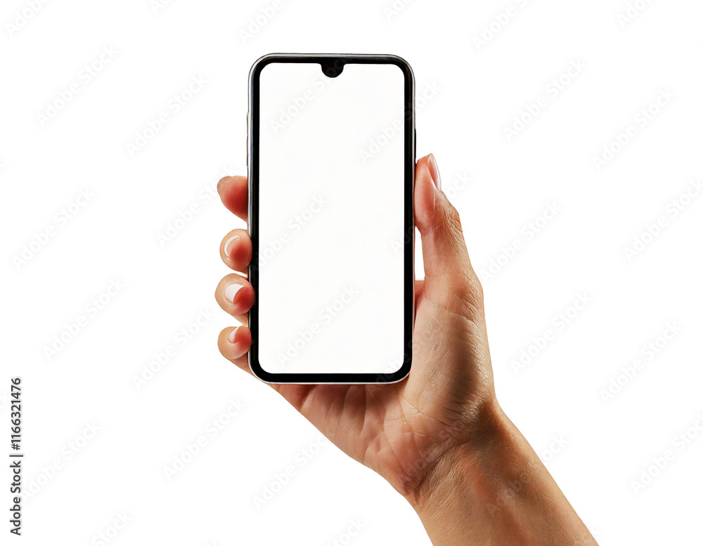 Caucasian woman holding blank white smart phone, isolated on white transparent background