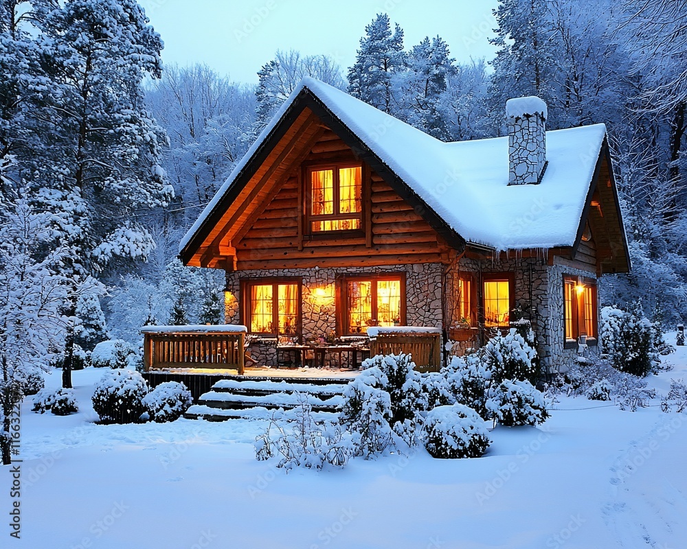 Cozy log cabin nestled in a snowy winter forest at night, illuminated from within. Cozy log cabin nestled in a snowy winter forest at night, illuminated from within.