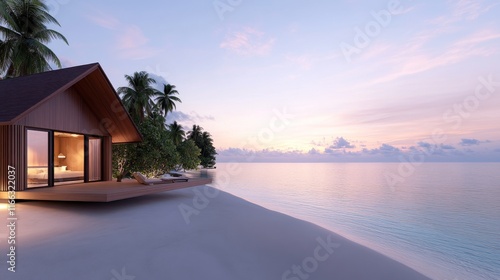 Serene beachfront villa at sunset with palm trees and calm waters.