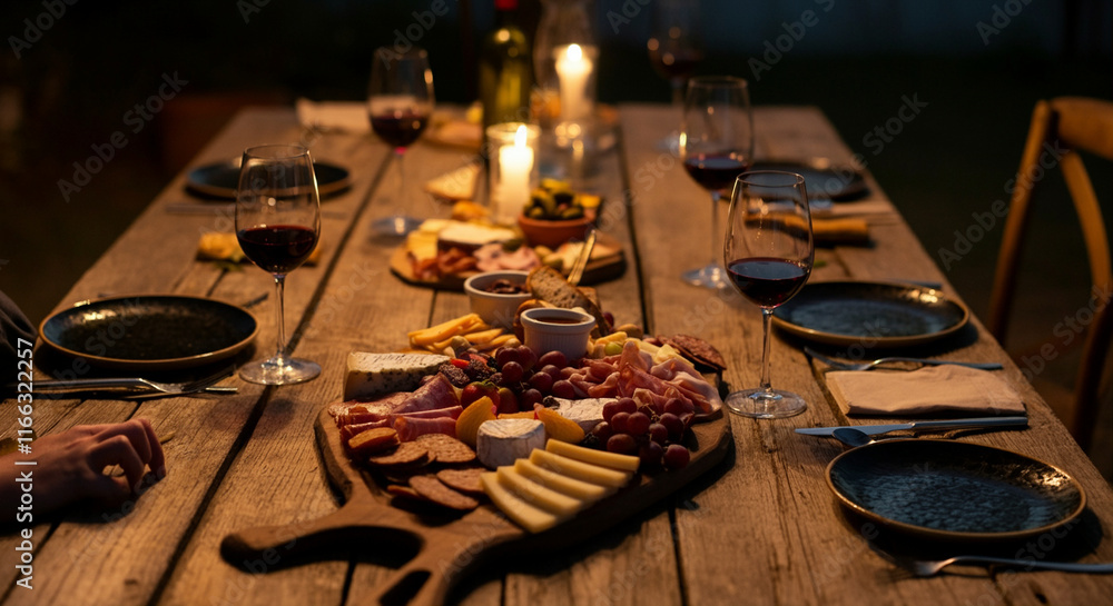 Charcuterie board with wine at dinner party under candlelight Charcuterie board with wine at dinner party under candlelight