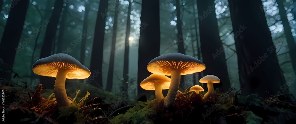 Fototapeta premium Close up images of fungi growing among trees showcasing diversity in forest ecology