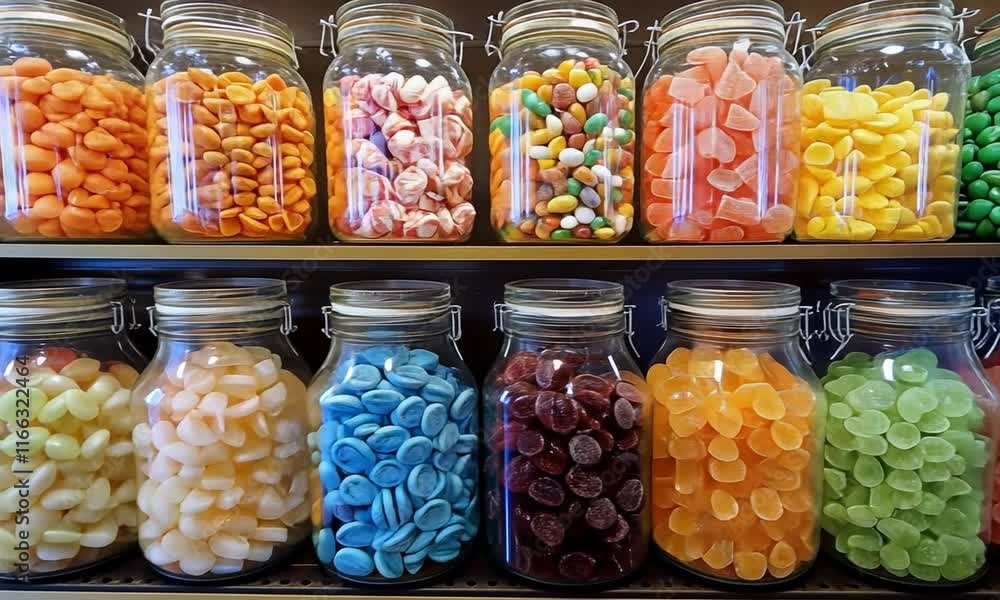 A colorful display of various candies in glass jars, showcasing a vibrant assortment. A colorful display of various candies in glass jars, showcasing a vibrant assortment.