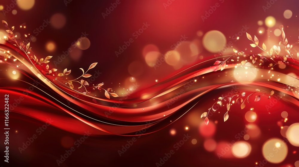 Obraz premium Elegant red and gold abstract wave design with bokeh effects