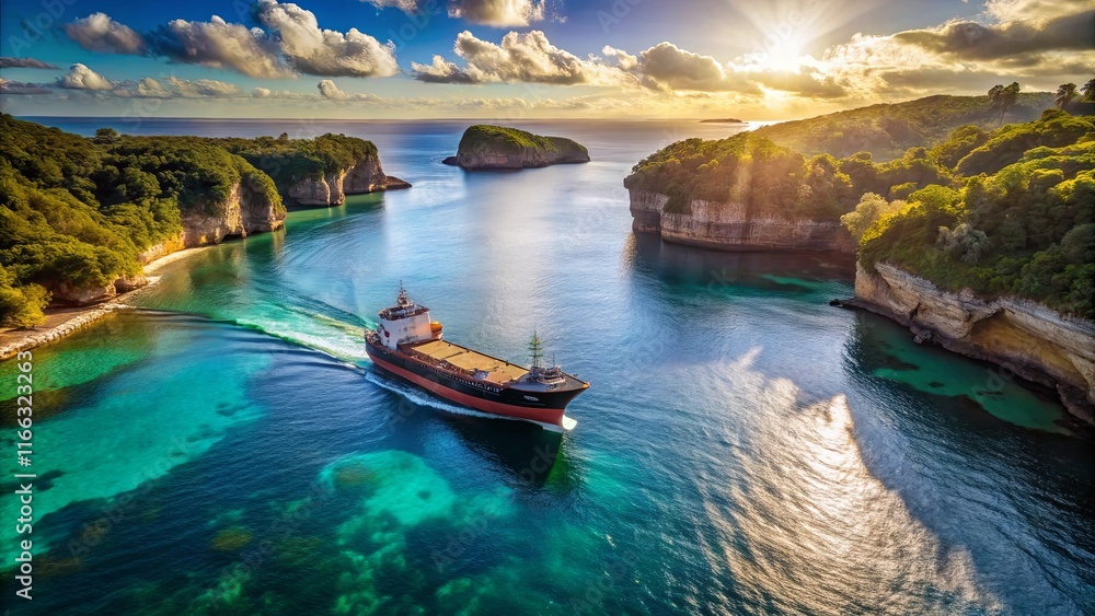 Obraz premium Serene Sunrise Cargo Ship Navigates Picturesque Coastal Inlet
