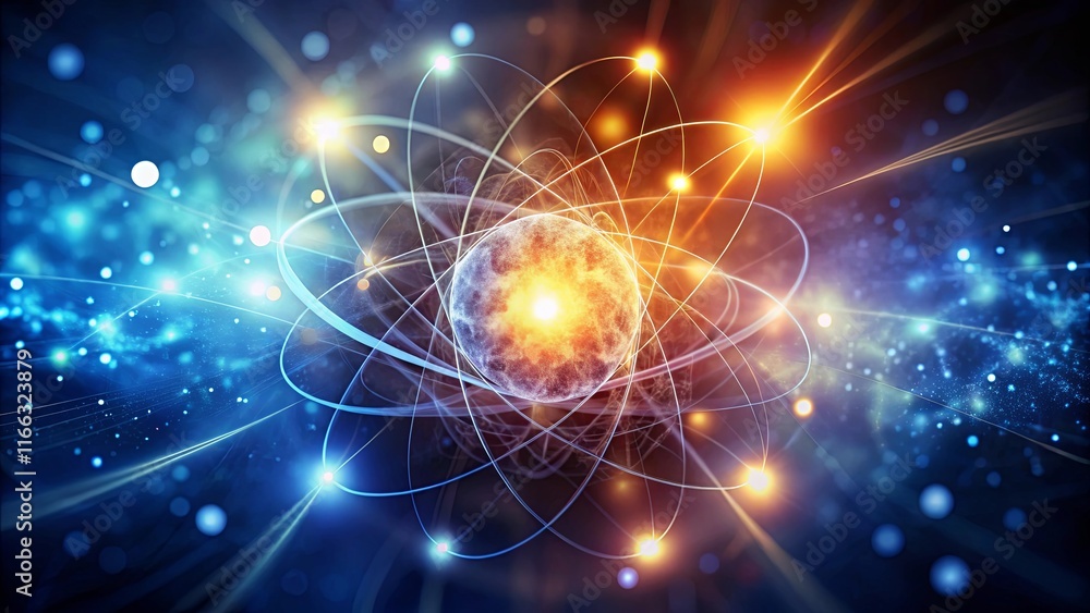 Fototapeta premium Abstract atom model with glowing energy trails and vibrant particles