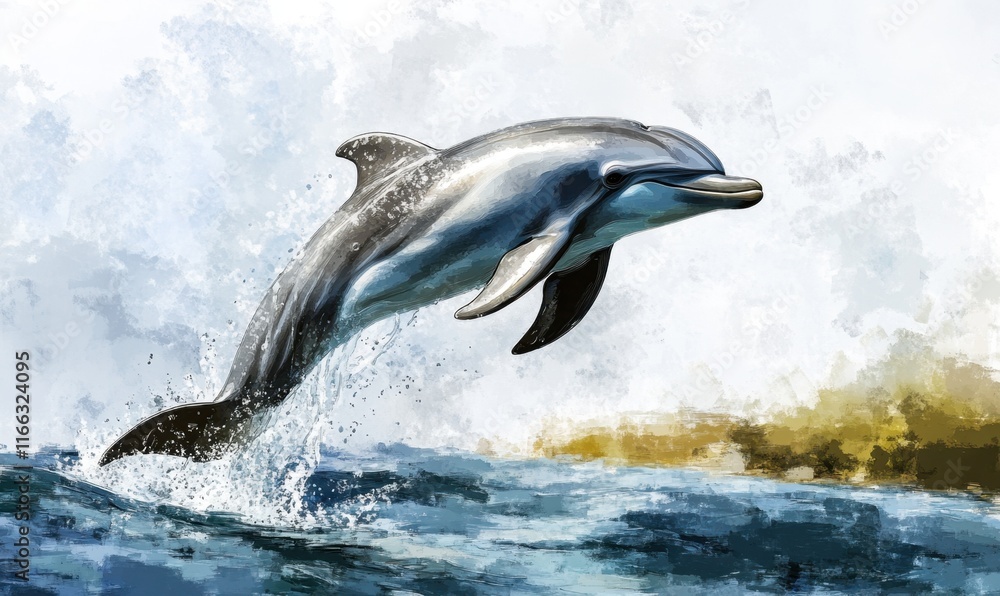 Fototapeta premium A dolphin leaps gracefully above ocean waves, showcasing its agility.