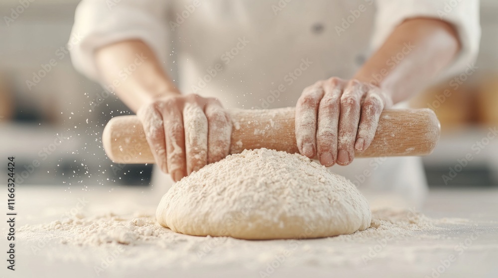 Obraz premium Close-up of skilled hands rolling fresh dough with wooden pin on floured surface, capturing the artisanal bread-making process with floating flour particles in soft lighting.