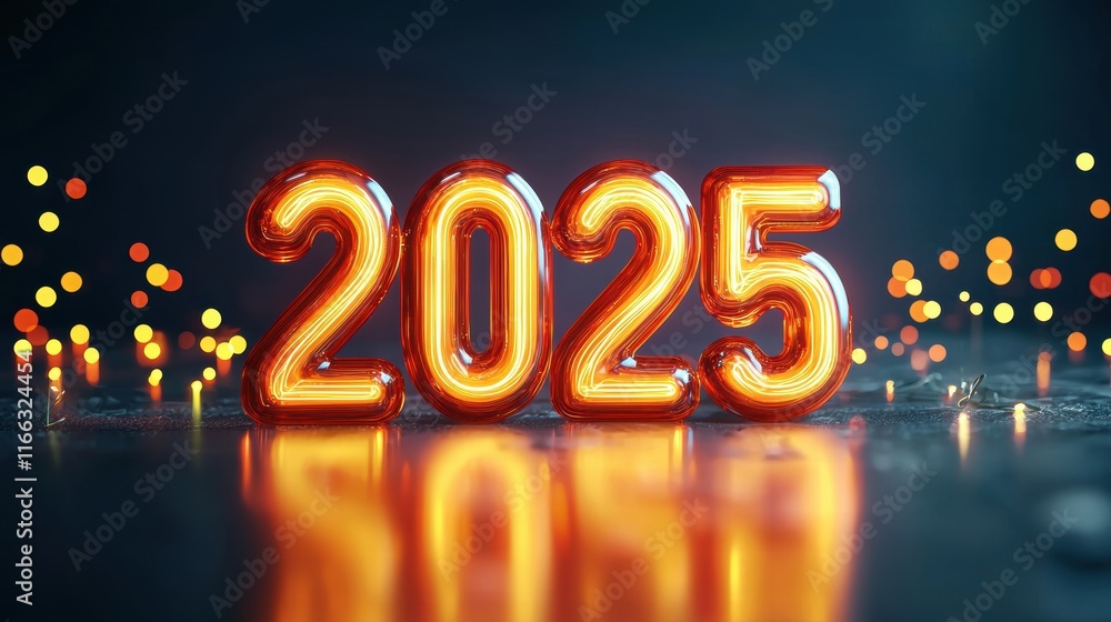 Bright neon 2025 sign illuminated with festive lights Bright neon 2025 sign illuminated with festive lights