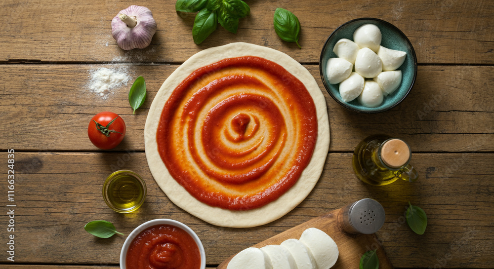 Pizza ingredients preparation with tomato sauce mozzarella garlic and basil on wooden table Pizza ingredients preparation with tomato sauce mozzarella garlic and basil on wooden table