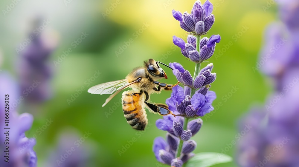 Bee pollinating vibrant lavender flowers in a garden Bee pollinating vibrant lavender flowers in a garden