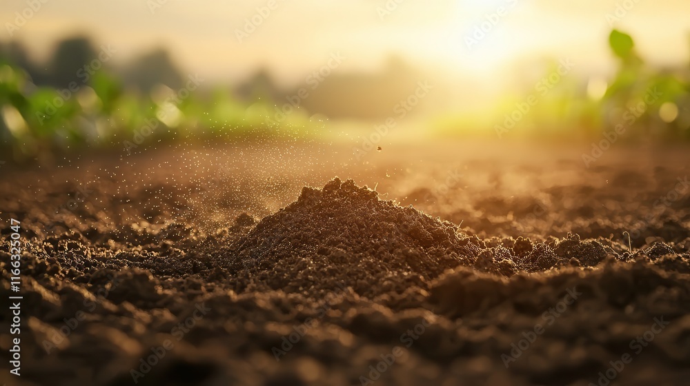 Sunlit soil with dust particles at sunrise in a field Sunlit soil with dust particles at sunrise in a field