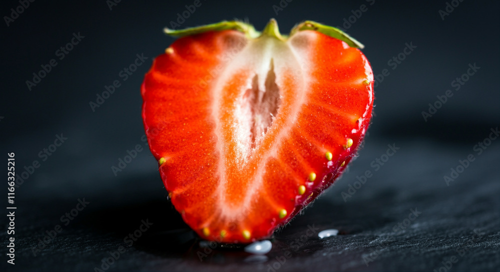 Fresh ripe strawberry cut in half showcasing vivid red color and juicy texture perfect for food photography and culinary use Fresh ripe strawberry cut in half showcasing vivid red color and juicy texture perfect for food photography and culinary use
