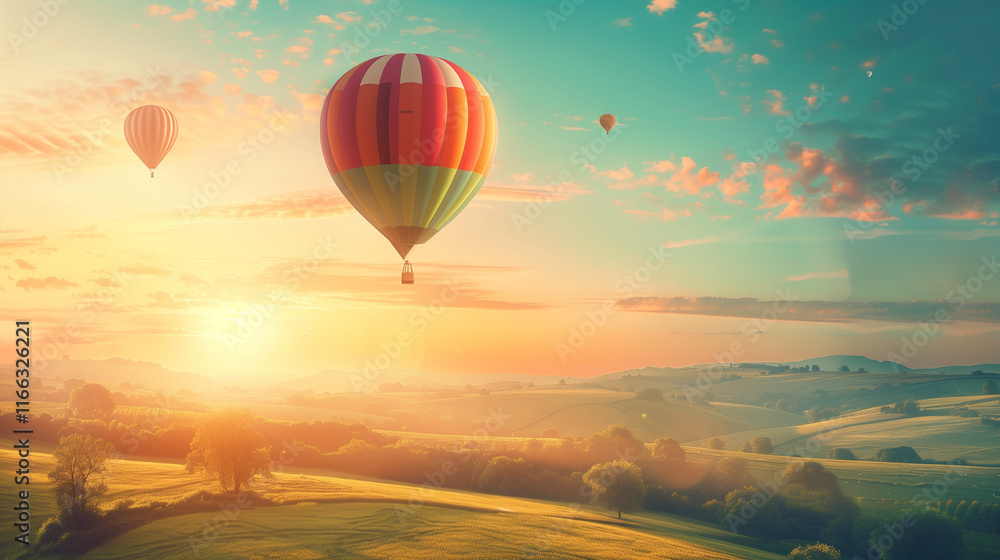Obraz premium Majestic Hot Air Balloons at Sunrise Over Countryside Landscape - Perfect for Travel Inspiration and Adventure Enthusiasts