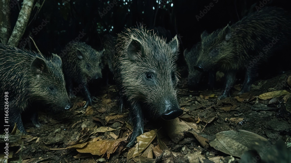 A group of wild boars foraging in a dimly lit forest environment. A group of wild boars foraging in a dimly lit forest environment.