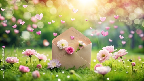 A Romantic Message in a Floral Envelope with Pink Hearts Floating in a Sunny Meadow photo