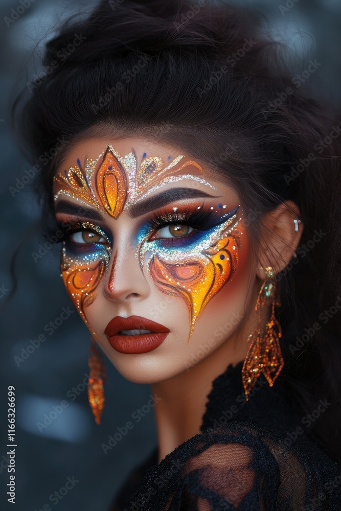 Artistic makeup design with bold face paint, abstract patterns, and shimmering eyeshadow blending seamlessly. Artistic makeup design with bold face paint, abstract patterns, and shimmering eyeshadow blending seamlessly.