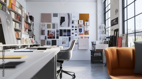 Modern fashion designer's office with a sleek workspace, fabric samples, and mood boards on the walls.