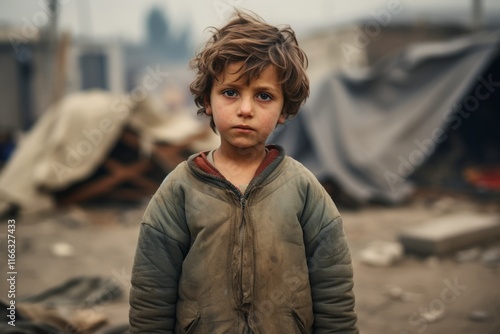 Portrait of a homeless child in the middle of the city. photo