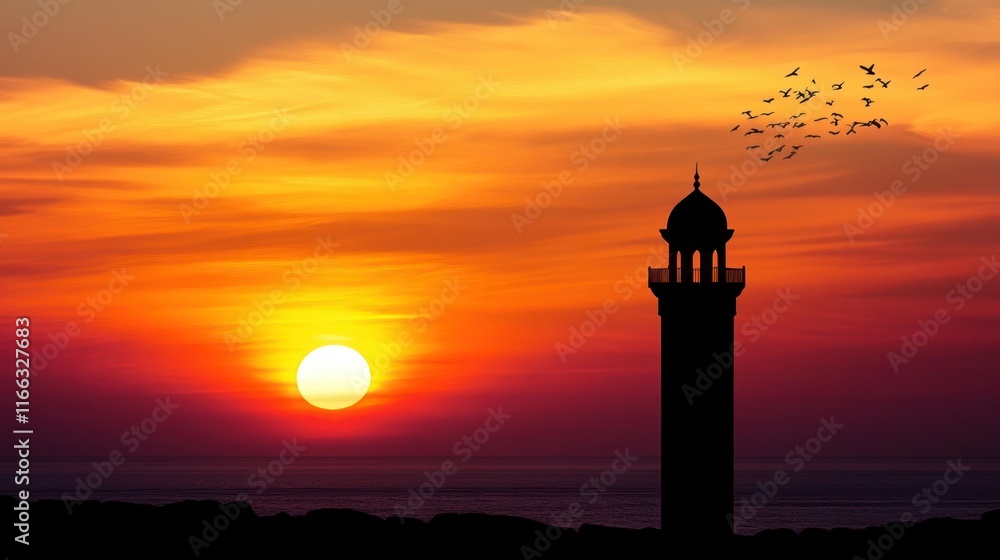 A serene sunset over the ocean with a lighthouse silhouette and birds in flight. A serene sunset over the ocean with a lighthouse silhouette and birds in flight.