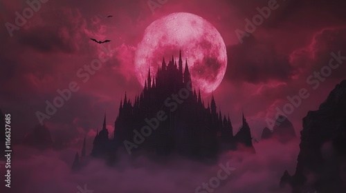 Glamorously Grim: Haunting Dark Castle with Bats and Blood Moon - Ultra-Detailed Heavy Metal Band Style 3D Render Digital Artwork photo