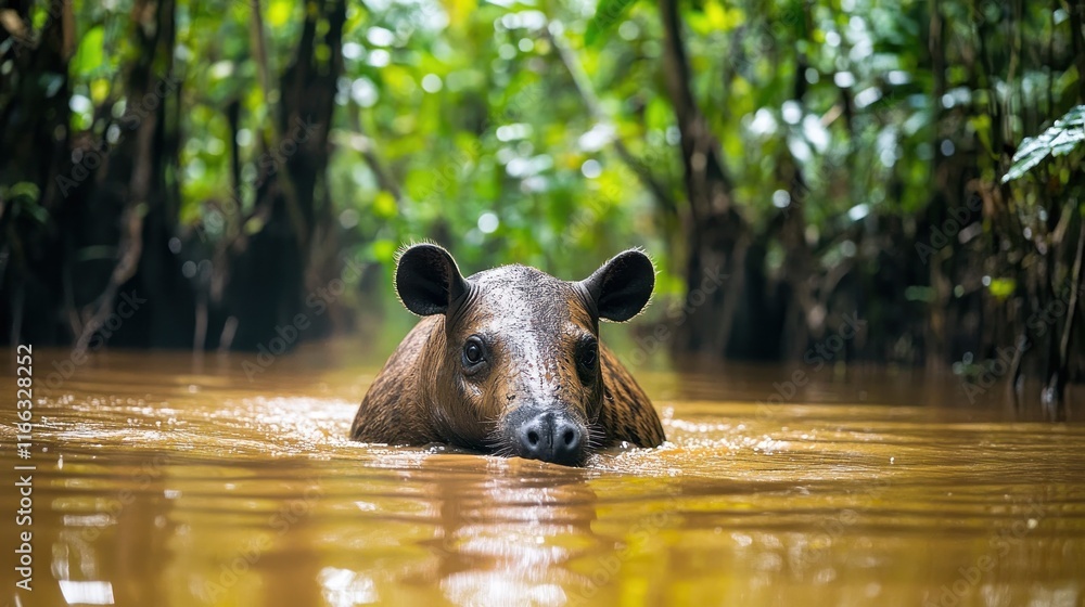 A large animal swimming in murky water amidst dense jungle foliage. A large animal swimming in murky water amidst dense jungle foliage.