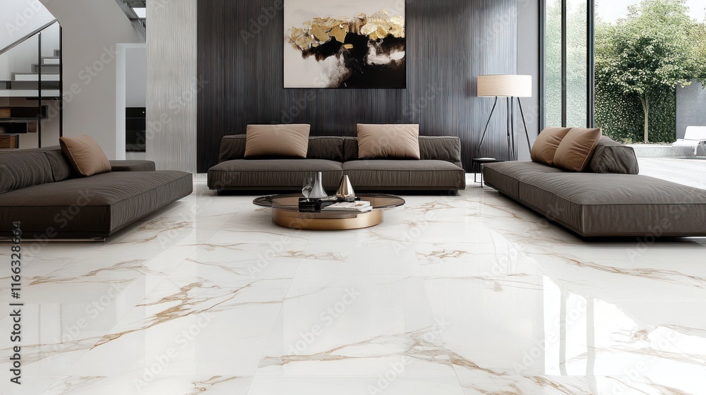 Luxury Living Room Interior Design with Calacatta Gold Marble Flooring