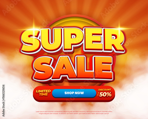 Super Shopping day Sale discount deals vibrant mix orange red gradient Editable text effect circle center sun rays horizontal banner