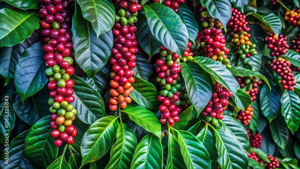 Obraz premium Lush Green Coffee Plant Leaves with Clusters of Ripening Red and Green Coffee Berries