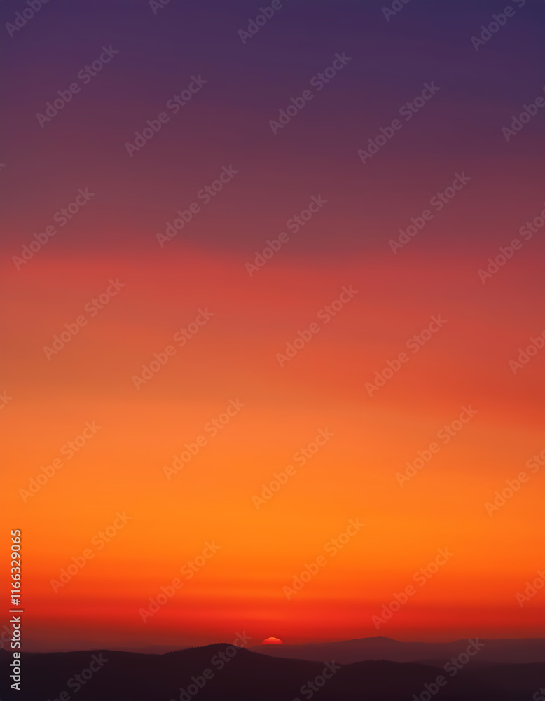 Fototapeta premium Fiery Sunset Landscape Vivid Orange and Purple Sky Over Silhouette Mountains at Dusk