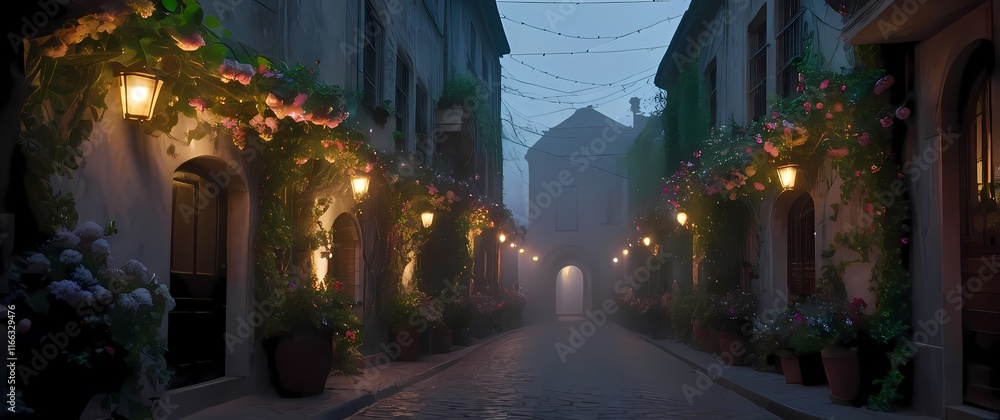 Charming alleyways lined with flowering vines creating mystical scenes inviting interaction Charming alleyways lined with flowering vines creating mystical scenes inviting interaction