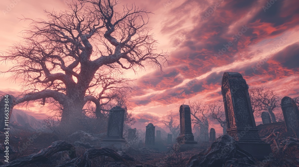 Eerie Graveyard Symphony: Intense Heavy Metal Band Artwork Featuring Twisted Trees and Ornate Tombstones under Swirling Clouds - 3D Render Digital Illustration Eerie Graveyard Symphony: Intense Heavy Metal Band Artwork Featuring Twisted Trees and Ornate Tombstones under Swirling Clouds - 3D Render Digital Illustration