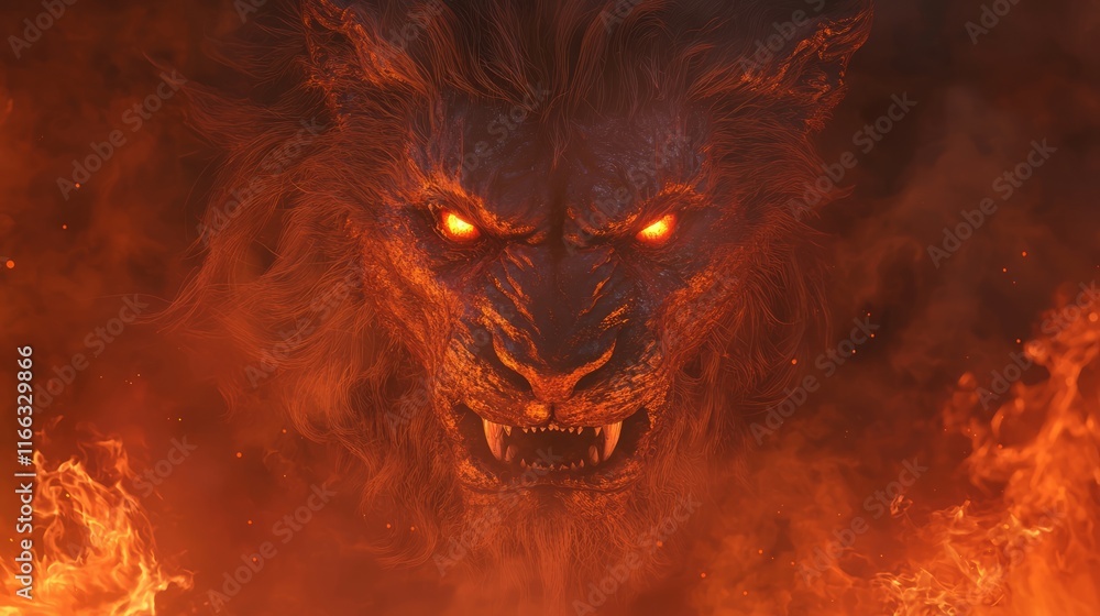 Roaring Fury: Fierce Lion in Flames - 3D Render of Heavy Metal Band Style Art Symbolizing Bravery and Strength Roaring Fury: Fierce Lion in Flames - 3D Render of Heavy Metal Band Style Art Symbolizing Bravery and Strength