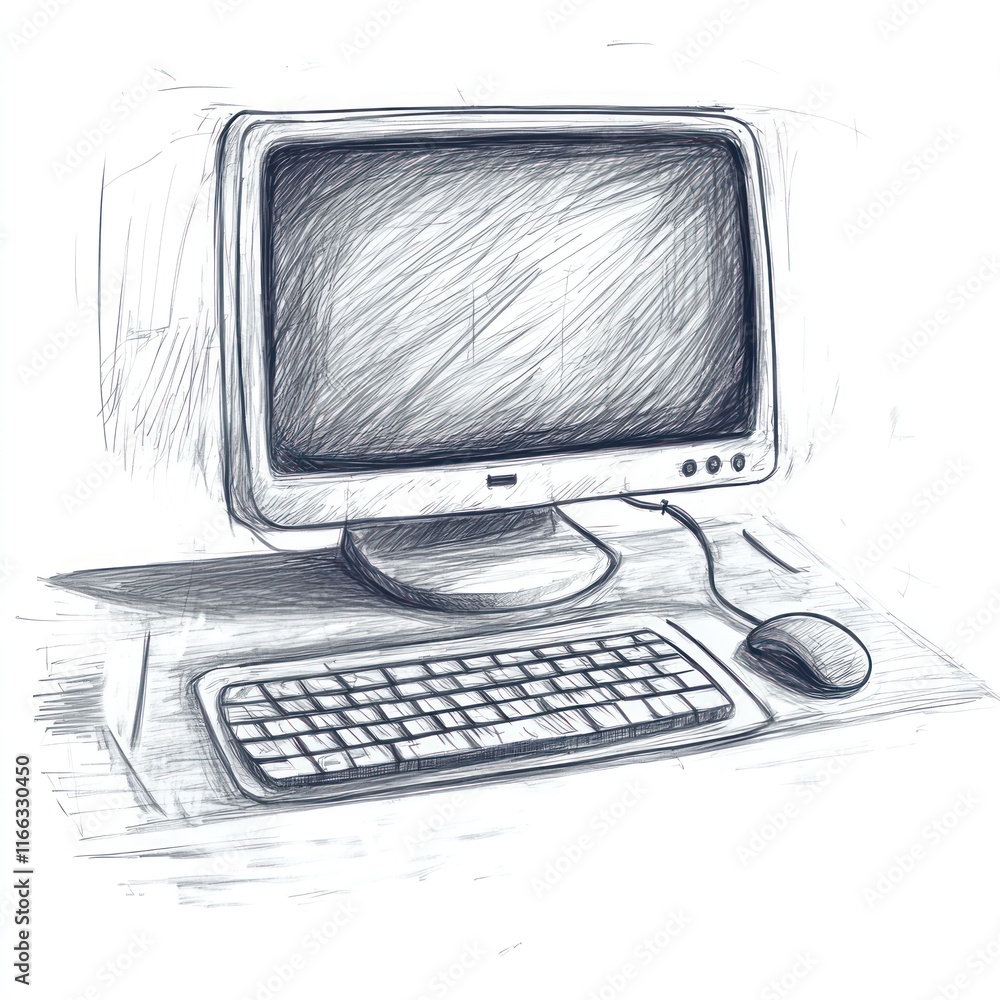 Fototapeta premium A Pencil Sketch Of A Vintage Desktop Computer