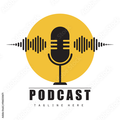 podcast logo with microphone and earphone audio, radio waves. for studio, talk show, chat, information sharing, interview, multimedia.