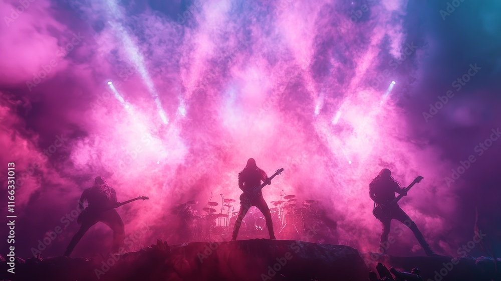 Electrifying Metal Madness - Intense 3D Render of Heavy Metal Band Rocking Out on Stage with Vibrant Lights and Smoke Effects Electrifying Metal Madness - Intense 3D Render of Heavy Metal Band Rocking Out on Stage with Vibrant Lights and Smoke Effects