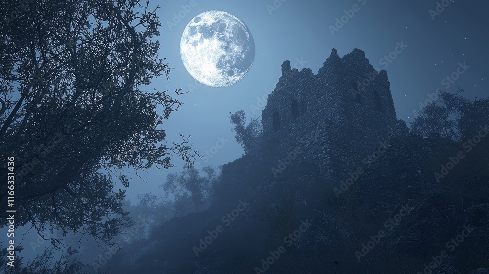 Shadows of the Moon: Dark Gothic Castle on Hilltop - 3D Rendered Heavy Metal Band Style Artwork with Eerie Mist and Ultra-Detailed Design Shadows of the Moon: Dark Gothic Castle on Hilltop - 3D Rendered Heavy Metal Band Style Artwork with Eerie Mist and Ultra-Detailed Design