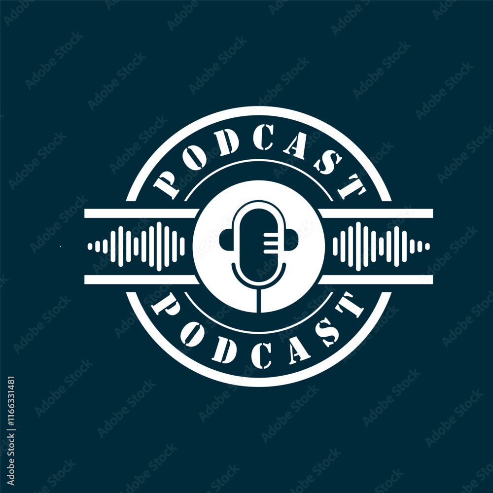 Fototapeta premium podcast logo with microphone and earphone audio, radio waves. for studio, talk show, chat, information sharing, interview, multimedia.