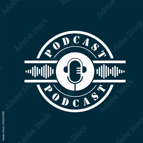 podcast logo with microphone and earphone audio, radio waves. for studio, talk show, chat, information sharing, interview, multimedia.